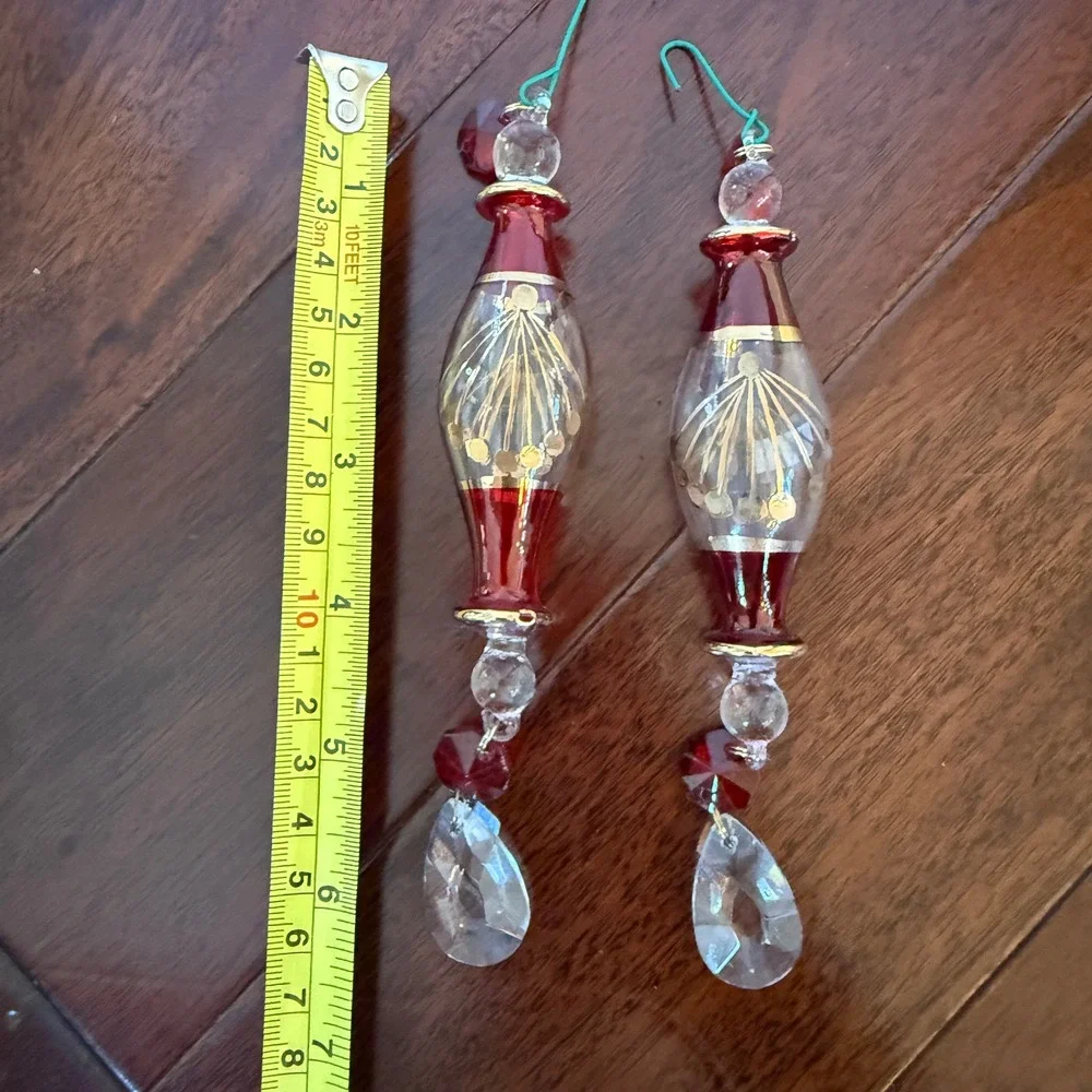 Set‎ of 3 Vintage Hand Blown Glass Ornaments Red Gold Teardrop Drop 10